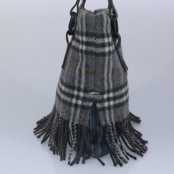 BURBERRY Nova Check Scarf Style Blue Label Hand Bag Wool Gray Silver Auth 96942 - Picture 5 of 16